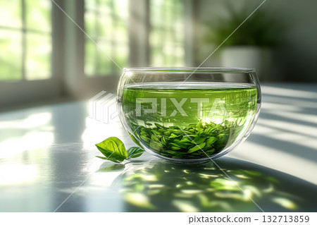 Glass bowl filled with green tea leaves and a leaf floating in the water 132713859