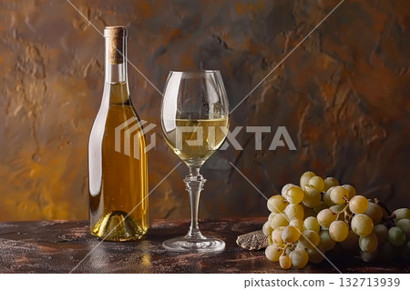 Bottle of white wine and a wine glass are on a table with a bunch of grapes Bottle of white wine and a wine glass are on a table with a bunch of grapes 132713939