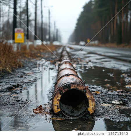 Rusty pipe is laying on the ground in a wet, muddy area 132713940