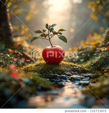 Red apple is sitting on a patch of grass next to a stream 132713972