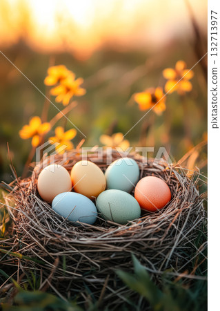 Nest of eggs with a variety of colors, including yellow, orange, and green 132713977