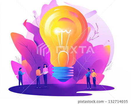 Group of people are standing around a light bulb 132714035