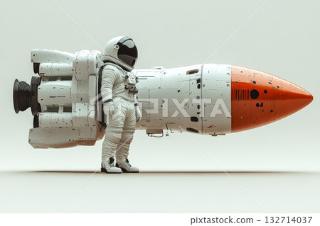 Man in a spacesuit is standing next to a rocket 132714037
