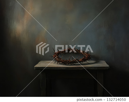 Crucifixion wreath sits on a table 132714050
