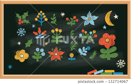 Chalk School Board with Crayon Flower. Folk Floral Elements set. Christmas poinsettia, holly, plant and Berries. Isolated Bright Textured Hand Drawing doodles. Primitive vector illustration. Not AI Chalk School Board with Crayon Flower. Folk Floral Elements set. Christmas poinsettia, holly, plant and Berries. Isolated Bright Textured Hand Drawing doodles. Primitive vector illustration. Not AI 132714067
