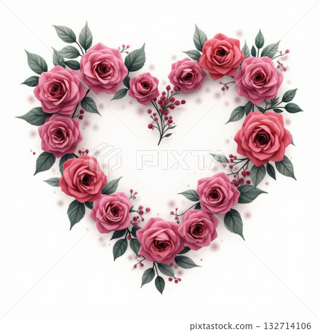 Heart-shaped arrangement of pink roses, green leaves, and small berries on a white background. Romantic and elegant concept. Valentine's day, wedding illustration. 132714106
