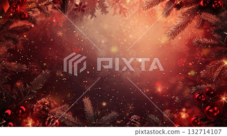 Christmas red background with a tree and snowflakes 132714107