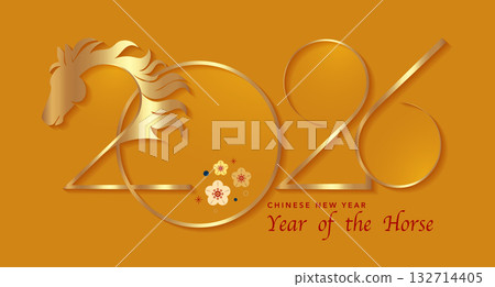 2026 Chinese New Year in yellow background. Year of the Horse. Vector modern art gold numbers design for cover, card, poster, banner, logo zodiac sign. Golden luxury template 2026 Chinese New Year in yellow background. Year of the Horse. Vector modern art gold numbers design for cover, card, poster, banner, logo zodiac sign. Golden luxury template 132714405