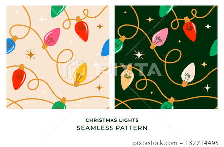 Colorful Christmas lights seamless pattern. Christmas background with festive lights garlands. Colorful Christmas lights seamless pattern. Christmas background with festive lights garlands. 132714495