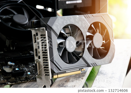 Side view of the motherboard and graphics card are the main components of the computer. 132714606