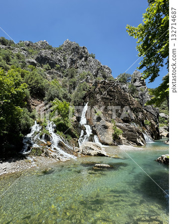 clear mountain river near waterfall plants. High quality photo clear mountain river near waterfall plants. High quality photo 132714687