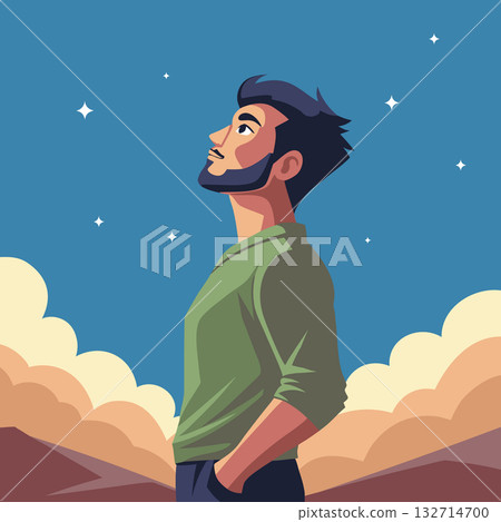 Thoughtful man looking up at the starry night sky. Freedom concept. Illustration. 132714700