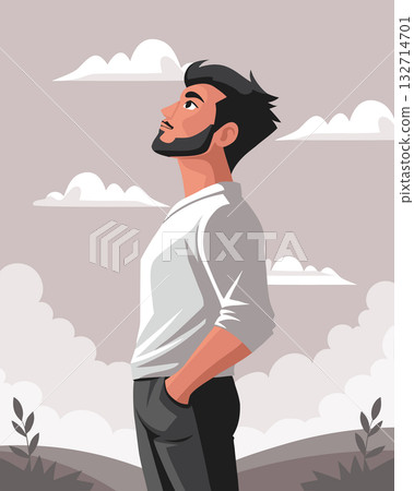 Thoughtful man looking up at the sky. Freedom  concept. Illustration. 132714701