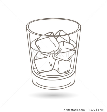 Whiskey glass with ice cubes isolated on white background. Hand drawn illustration. 132714703