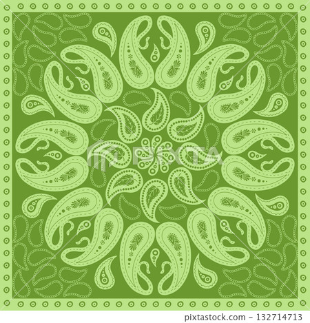Monochrome green scarf or bandana design with paisley mandala pattern. Indian vintage border Monochrome green scarf or bandana design with paisley mandala pattern. Indian vintage border 132714713