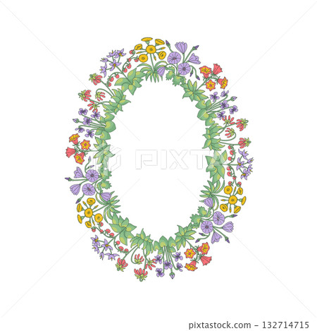 Hand drawn line art canary islands flowers wreath. Card template with cute floral frame 132714715
