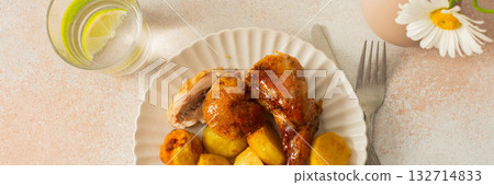A delicious meal featuring baked rabbit and golden roasted potatoes is served on a round, ridged plate. Accompanying the dish is a glass of water with lemon slices, a small bowl of ketchup, banner A delicious meal featuring baked rabbit and golden roasted potatoes is served on a round, ridged plate. Accompanying the dish is a glass of water with lemon slices, a small bowl of ketchup, banner 132714833