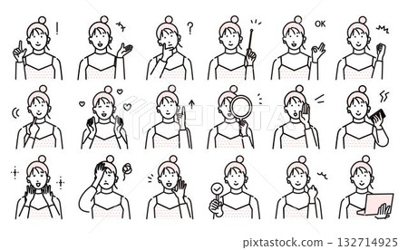 年輕女性面部表情 - 表情和手勢圖標集 - 向量圖素材 年輕女性面部表情 - 表情和手勢圖標集 - 向量圖素材 132714925