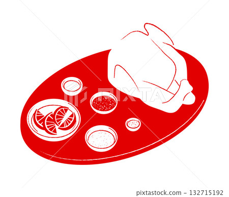 Monochrome raw turkey and spices on cutting board isolated on white background 132715192