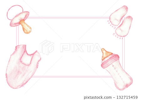 Pink baby frame for gender reveal celebration and party design. Watercolor illustration for baby shower, baptism, boy or girl party. Horizontal template. Hand drawn. Copy space. For invitation Pink baby frame for gender reveal celebration and party design. Watercolor illustration for baby shower, baptism, boy or girl party. Horizontal template. Hand drawn. Copy space. For invitation 132715459