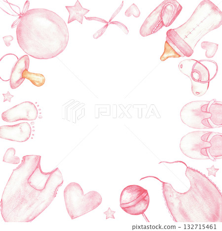 Pink themed gender reveal party frame for celebrations and invitations. Template for baby shower, baptism, boy or girl party. Watercolor illustration. Isolated. Hand drawn. Copy space Pink themed gender reveal party frame for celebrations and invitations. Template for baby shower, baptism, boy or girl party. Watercolor illustration. Isolated. Hand drawn. Copy space 132715461