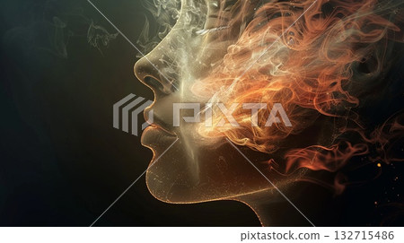 A profile view of a woman surrounded by swirling smoke and fire elements against a dark background, representing transformation, self-discovery, thinking process. 132715486