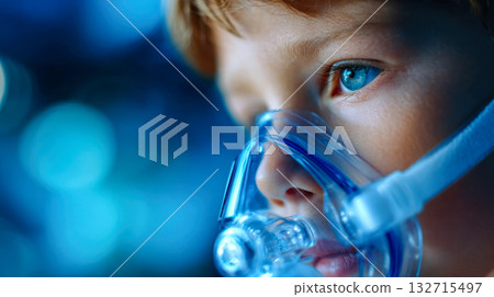 Close-up of a young boy wearing an oxygen mask, representing pediatric healthcare, respiratory support, and medical treatment Close-up of a young boy wearing an oxygen mask, representing pediatric healthcare, respiratory support, and medical treatment 132715497