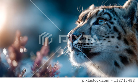 Majestic snow leopard resting in a mountain landscape, highlighting wildlife beauty, strength, and conservation themes Majestic snow leopard resting in a mountain landscape, highlighting wildlife beauty, strength, and conservation themes 132715498