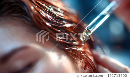 Close-up of a person applying nourishing oil to wet hair with a dropper, symbolizing beauty care, hydration, and hair treatment 132715500