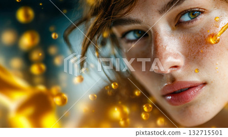 Close-up of a woman applying golden serum on her face, surrounded by glowing particles, symbolizing skincare, beauty, and rejuvenation 132715501