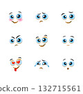 Cartoon eyes with face expressions and emotions. Cute smiles icons for emoticons. Vector emoji elements smiling, happy, sad, angry, mad, stupid, shocked, comic, upset, silly, scared, sneaky, surprised 132715561