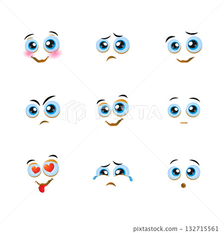 Cartoon eyes with face expressions and emotions. Cute smiles icons for emoticons. Vector emoji elements smiling, happy, sad, angry, mad, stupid, shocked, comic, upset, silly, scared, sneaky, surprised Cartoon eyes with face expressions and emotions. Cute smiles icons for emoticons. Vector emoji elements smiling, happy, sad, angry, mad, stupid, shocked, comic, upset, silly, scared, sneaky, surprised 132715561