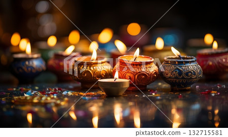 A row of Diya oil lamps in various colors and sizes are lit, creating a warm. Diwali festival of lights celebration. A row of Diya oil lamps in various colors and sizes are lit, creating a warm. Diwali festival of lights celebration. 132715581