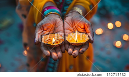 A woman is holding lit Diya oil lamps in her hands. Warm and inviting Diwali mood. A woman is holding lit Diya oil lamps in her hands. Warm and inviting Diwali mood. 132715582