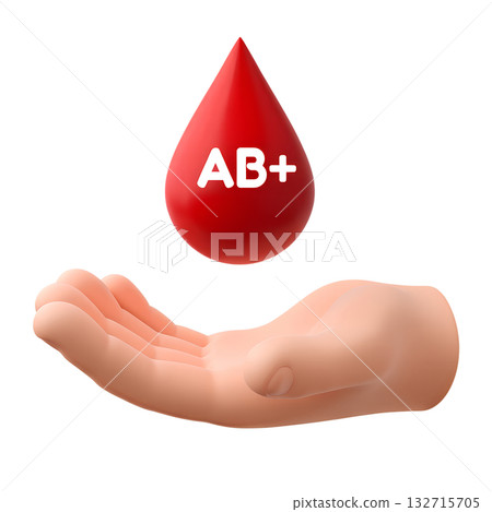 Human hand holding single blood drop with the AB+ blood type symbol, representing donation, rare blood groups, transfusion medicine isolated transparent background 132715705