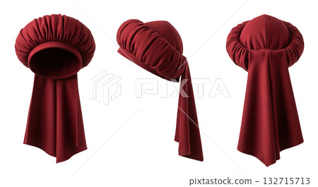 Traditional red turban hat headdress shown from different angles for historical arabic costume 132715713