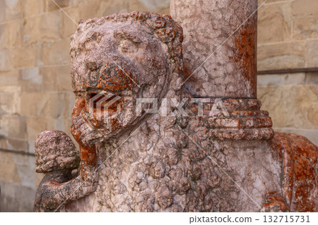 Detail of Verona marble lion statue guarding Porta dei Leoni Rossi entrance of Colleoni Chapel Italy Detail of Verona marble lion statue guarding Porta dei Leoni Rossi entrance of Colleoni Chapel Italy 132715731