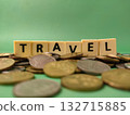The image shows the word TRAVEL placed on a pile of coins.This is a visual representation of the concept of saving money for travel. 132715885