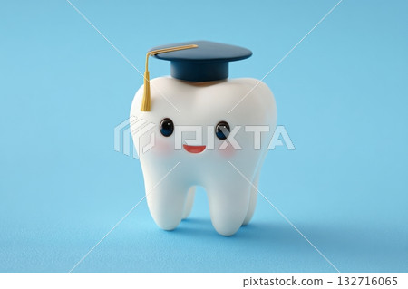 Happy Tooth Character Celebrating Graduation With a Cap on a Blue Background 132716065