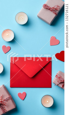 Bright Red Envelope and Gifts Surrounded by Candles and Hearts on a Blue Background Create a Festive Scene 132716121