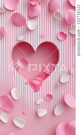 Heart Shaped Cutout Surrounded by Pink and White Rose Petals on a Striped Background Heart Shaped Cutout Surrounded by Pink and White Rose Petals on a Striped Background 132716122