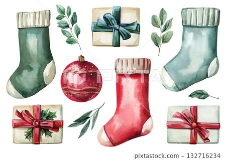 Festive watercolor socks gifts, red ornament with green leaves winter holiday illustration, seasonal decor and celebration design 132716234