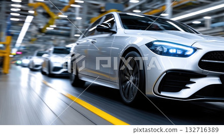 New White Car in Automotive Assembly Line 132716389