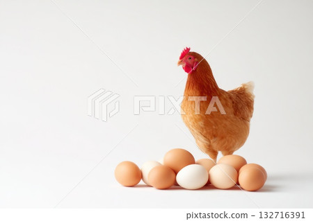 Brown Hen with Eggs on White Background 132716391