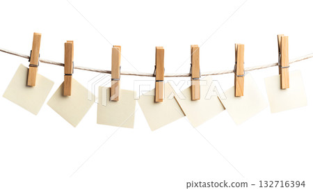 Blank white papers or notes hanging on rope with wooden clothespins, isolated on transparent background. Ideal for adding your own text or content 132716394