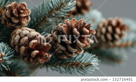 Close up of frosted pine cones on fir tree branch for winter decor Close up of frosted pine cones on fir tree branch for winter decor 132716491