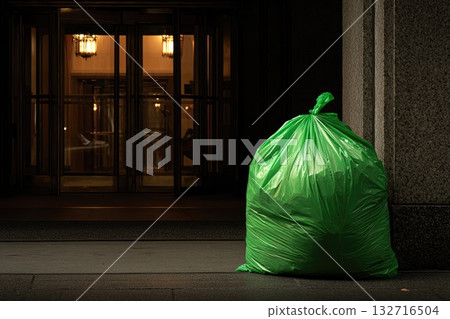 Green Trash Bag Outside Building Entrance at Night 132716504