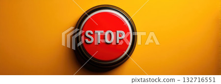 Red Stop Button on Yellow Wall 132716551