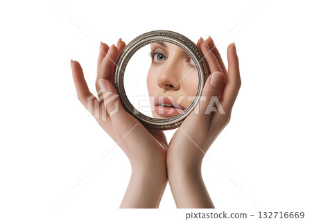Close-up of a handheld mirror reflecting a beautiful female face, ideal for beauty blogs, cosmetic ads, or mental health themes on self-perception Close-up of a handheld mirror reflecting a beautiful female face, ideal for beauty blogs, cosmetic ads, or mental health themes on self-perception 132716669