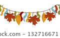Autumn garland of ribbons and leaves, festive watercolor seamless border in autumn colors. Design element for printing, children's prints, and decorations. Highlighted, isolated 132716671